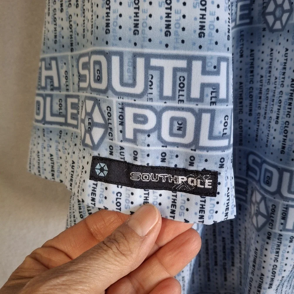 Vintage South Pole Men's XL Blue Button Up Short Sleeve Casual Polyester‎ Logo - Picture 9 of 12